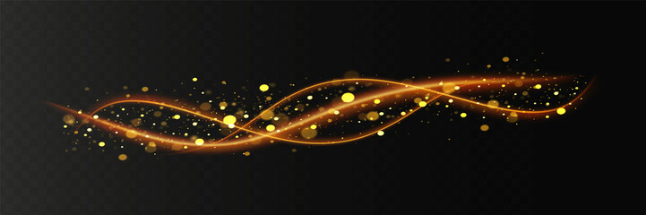 Fototapeta premium Golden flash with glittering dust particles. Christmas shooting star trail, shining light effects. Element for your design, advertising, invitation, postcards