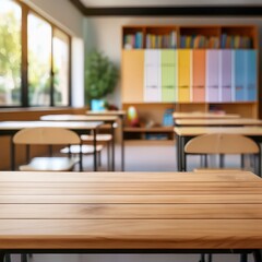 A wooden desk is set against a blurred backdrop of a child's room or kindergarten interior