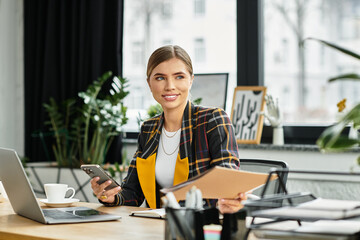 A professional woman works diligently at her desk, managing tasks with focus and style.