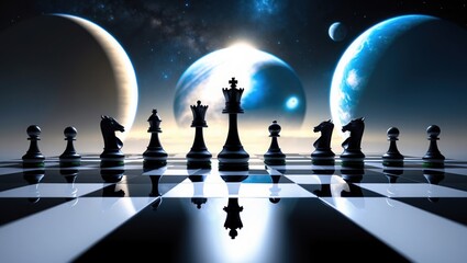 Cosmic Chess: A Surreal, Silhouetted Game on a Celestial Board
