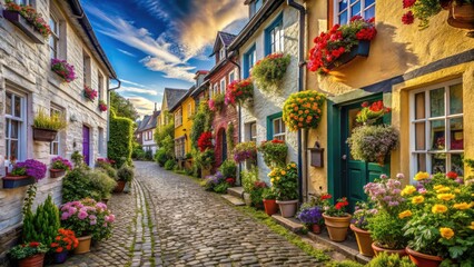 Naklejka premium A scenic pathway winds through a picturesque European village, a vibrant tapestry of flowers and homes.