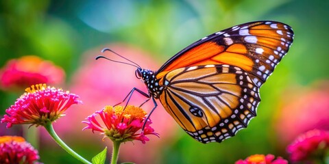 Fototapeta premium A vibrant orange and black butterfly, captured in macro detail, rests on a pink bloom.