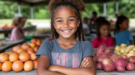 Fototapeta premium Happy Girl Smiling At Farmers Market Produce