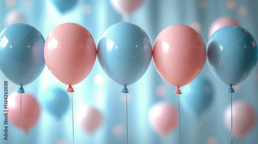 Poster colorful balloons floating in a dreamy background with soft clouds