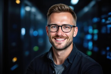 Fototapeta premium Close portrait of a smiling 40s Polish male IT worker looking at the camera, against dark server room blurred background.