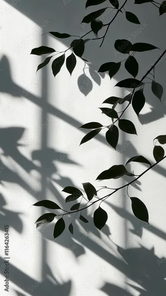 Poster large windows letting in sunlight to illuminate an empty white room with a tree outside, casting bea