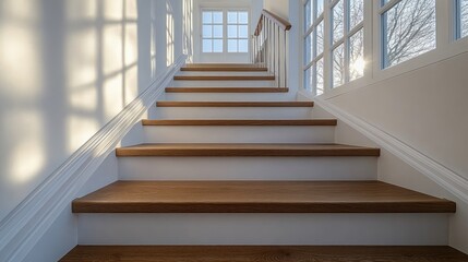 Sunlit wooden staircase in modern home.