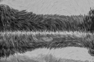 Brush strokes create a mirrored landscape with a dynamic, swirling pattern. Shades of black, gray, and white blend into an abstract composition reminiscent of a mountainous scene.