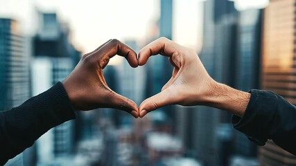 Multiracial hands forming a heart shape against a blurred cityscape, highlighting the importance of unity in urban diversity