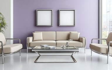 Modern living room interior with beige sofa, two armchairs, glass coffee table, and two blank frames on a purple wall.