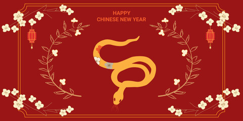 Happy Chinese New Year 2025 vector background. Year of the snake design wallpaper with Chinese patterns, flower, lanterns. Modern luxury oriental illustration for cover, banner, website, envelope