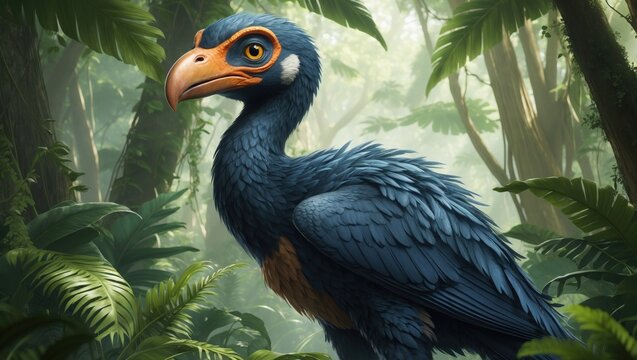 Majestic Gastornis: A Serene Avian Portrait in Lush Jungle