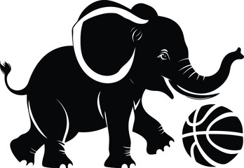 Baby Elephant playing a ball vector, Elephant playing a ball silhouette vector, Elephant playing a ball line art vector illustration design