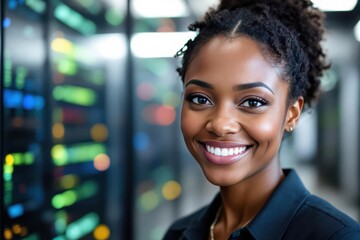 Close portrait of a smiling 40s Saint Kitts and Nevis female IT worker looking at the camera, against dark server room blurred background.