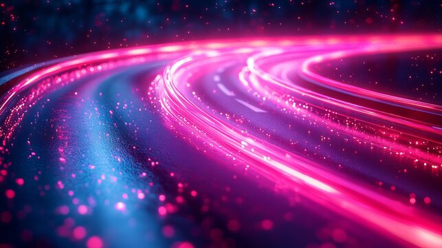 Abstract glowing pink and blue light trails on a curved road at night.