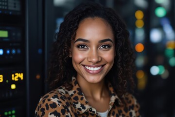 Close portrait of a smiling 40s Saint Lucian female IT worker looking at the camera, against dark server room blurred background.