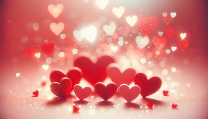 Obraz premium Festive background with hearts, bokeh lights, glitter effect in pastel halftones of pink, red and beige for weddings and Valentine's Day, Declaration of love, Symbol of love
