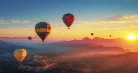 Obraz premium Colorful hot air balloons are flying over a scenic mountain landscape in cappadocia, turkey, during a breathtaking sunrise, creating a stunning travel destination