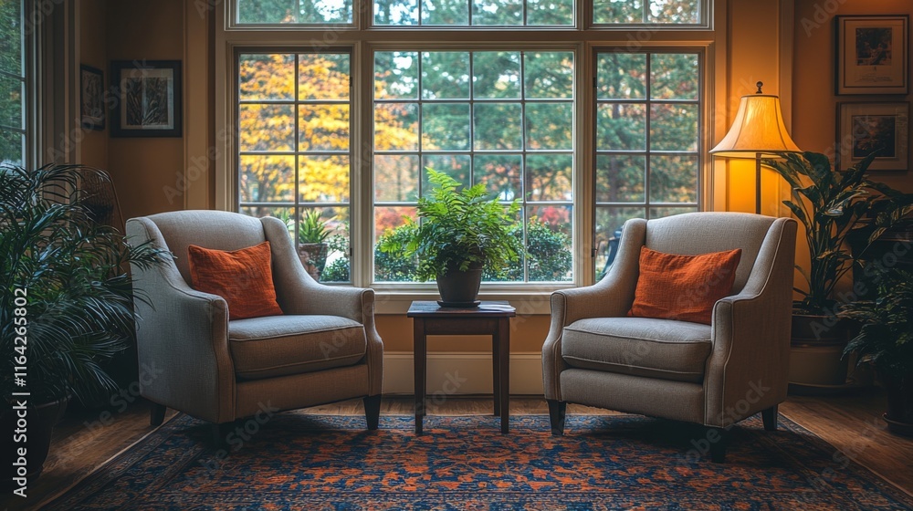 Poster two stylish armchairs with orange cushions sit beside a small table in a warm living room. large win