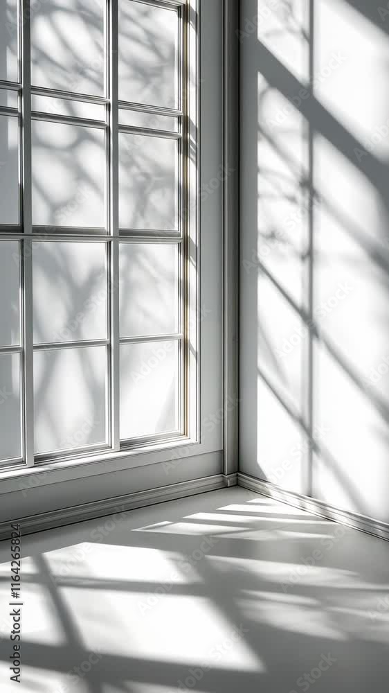 Poster large windows letting in sunlight to illuminate an empty white room with a tree outside, casting bea