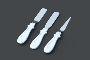 Set of cake decorating spatulas on black background. Confectionery tool. Professional equipment. 3d rendering