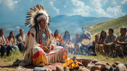 Indigenous cultural ceremony with traditional attire and communal fire gathering in nature