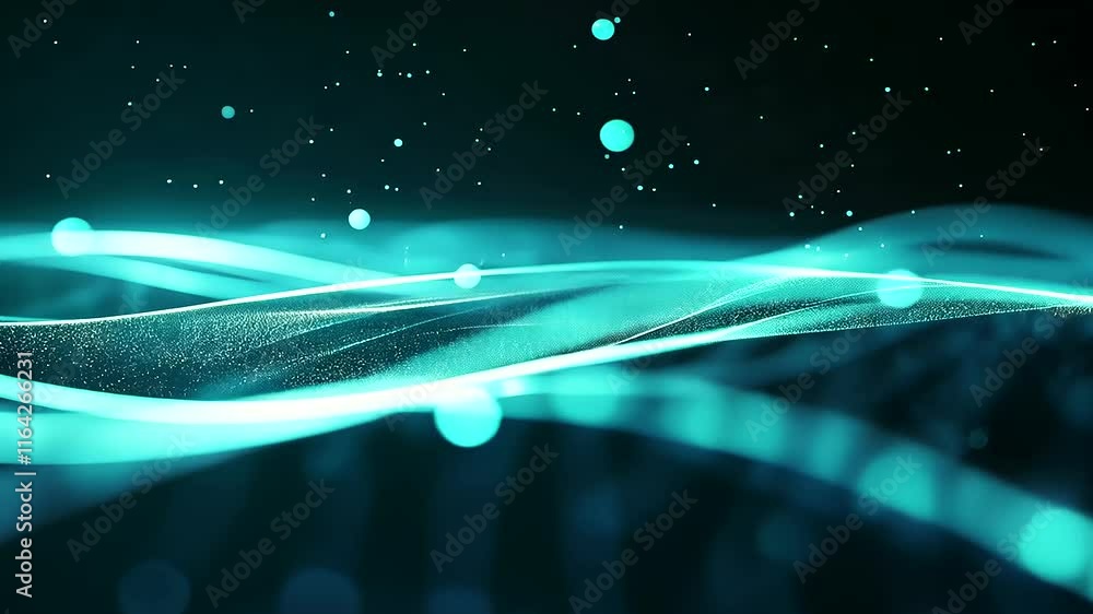 Poster a shimmering sea of blue particles floating in a dreamy, futuristic background with soft glowing lig