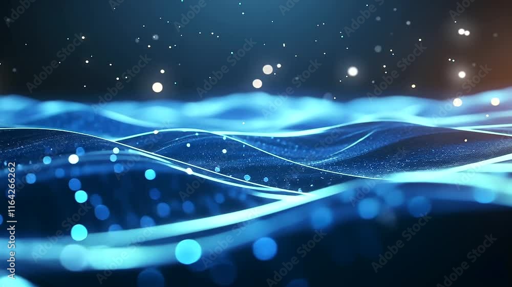 Poster a shimmering sea of blue particles floating in a dreamy, futuristic background with soft glowing lig