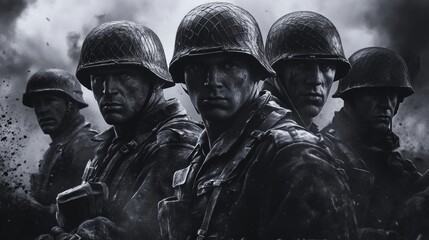 Five soldiers in military uniforms stand resolute against a backdrop of dark clouds and smoke, showcasing expressions of focus and unity in a tense atmosphere