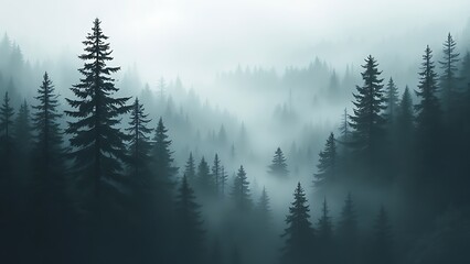 Fototapeta premium Beautiful natural background of a forest with silhouettes of trees and morning mist, in green and blue tones.