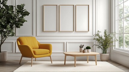 Fototapeta premium Yellow armchair, wooden coffee table, three frames, plants, rug, white walls, large window.