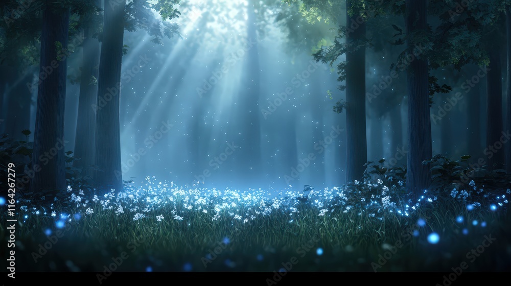 Poster a serene forest scene illuminated by soft rays of light, with a carpet of glowing flowers creating a