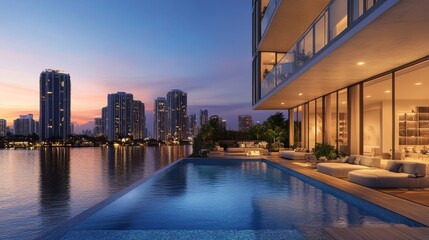 Luxurious waterfront villa with modern design under twilight sky in a vibrant city
