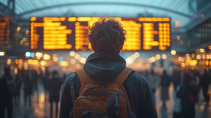 Young man with backpack looking at departures board in busy train station.