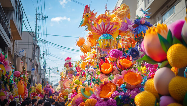 Followers, colorful flats decorated with fruits and vegetables during the Sinulog Festival in Cebu Island.