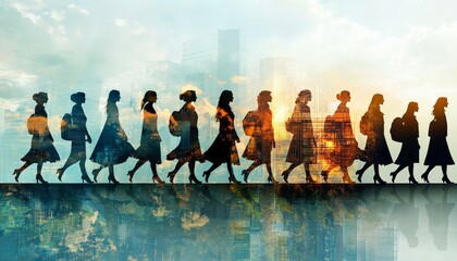 Obraz premium A silhouette of women walking in a line against a vibrant backdrop of cityscapes and clouds, symbolizing progress and unity.
