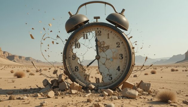 Broken vintage alarm clock exploding in a desert landscape under a clear sky