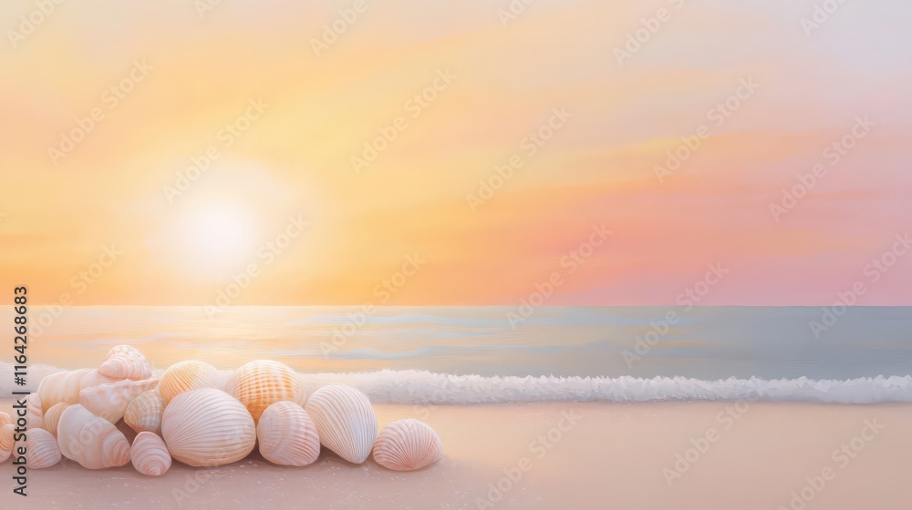 Poster A serene beach scene at sunset, featuring smooth shells on the sand with gentle waves lapping at the shore under a colorful sky.