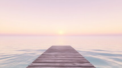 Fototapeta premium A serene wooden pier extends over calm waters, framed by a pastel sunrise, evoking tranquility and natural beauty.