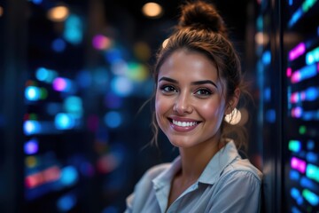 Obraz premium Close portrait of a smiling 40s Solomon Islander female IT worker looking at the camera, against dark server room blurred background.
