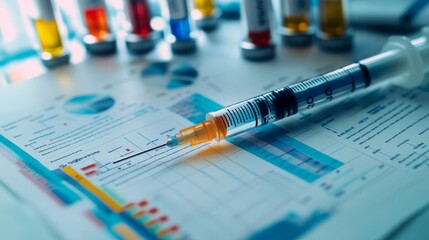 A medical syringe is positioned on top of laboratory reports, surrounded by colorful vials in a healthcare setting, signifying research and testing activities