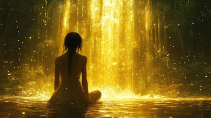 Obraz premium A serene figure sits in a glowing, golden waterfall, surrounded by a mystical forest.