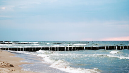 Amazing Seascape With Running Waves On Baltic Sea Water At Sunset