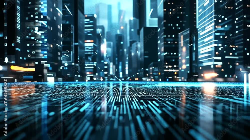 Aufkleber a soft-focus futuristic scene where tiny blue particles drift in a haze of blurred light, creating a