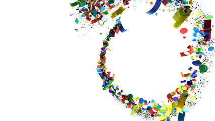 A vibrant celebration image with colorful confetti and ribbons falling against a white background.