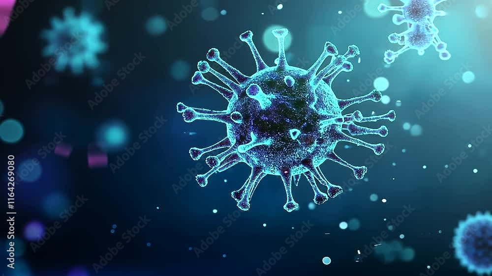 Poster an abstract design featuring a cluster of luminous blue particles expanding outward on a blurred nav