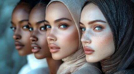 Obraz premium Four diverse women showcase beauty and culture, each with unique features and styles, emphasizing unity and representation.