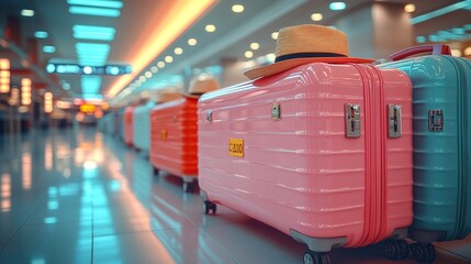 Colorful suitcases lined up at an airport terminal.