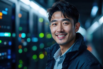 Close portrait of a smiling 40s South Korean male IT worker looking at the camera, against dark server room blurred background.