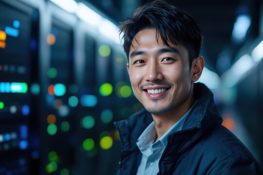 Close portrait of a smiling 40s South Korean male IT worker looking at the camera, against dark server room blurred background.